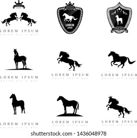 Horse Logo Set - Isolated On White Background. Horse Vector Illustration, Graphic Design. For Label, Sticker, Icon, Symbol And Race Logo. Concept Of Black Hourse Icon Collection