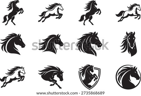 A horse logo silhouette featuring strong lines and a bold, elegant character.