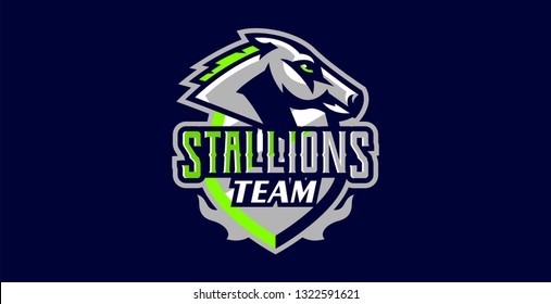 Horse Logo. Sports Logos Of Horses, Racing Stallions. Shield, Text, Mascot, Head Of A Stallion. Vector Illustration