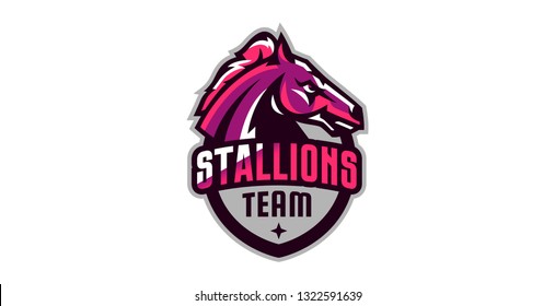 Horse logo. Sports logos of horses, racing stallions. Shield, text, mascot, head of a stallion. Vector illustration