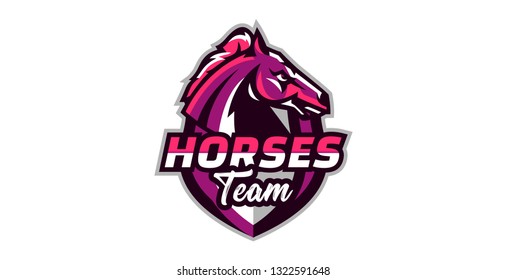 Horse logo. Sports logos of horses, racing stallions. Shield, text, mascot, head of a stallion. Vector illustration