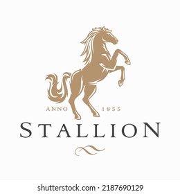 Horse Logo. Stallion Emblem. Wild Mustang Rearing Icon. Luxury Equine Estate Brand Identity. Gold Equestrian Label Design. Vector Illustration.