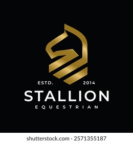 Horse logo. Stallion emblem. Wild mustang rearing icon. Luxury equine estate brand identity. Gold equestrian label design. Vector illustration.