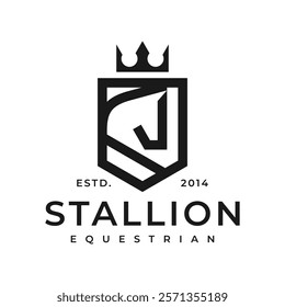 Horse logo. Stallion emblem. Wild mustang rearing icon. Luxury equine estate brand identity. Gold equestrian label design. Vector illustration.