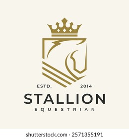 Horse logo. Stallion emblem. Wild mustang rearing icon. Luxury equine estate brand identity. Gold equestrian label design. Vector illustration.