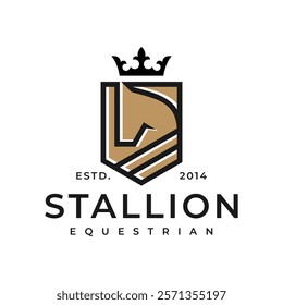 Horse logo. Stallion emblem. Wild mustang rearing icon. Luxury equine estate brand identity. Gold equestrian label design. Vector illustration.