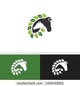 Horse Logo Vector Template with green leaves