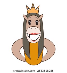 Horse with long hair wearing a crown and smiling. Vector illustration.