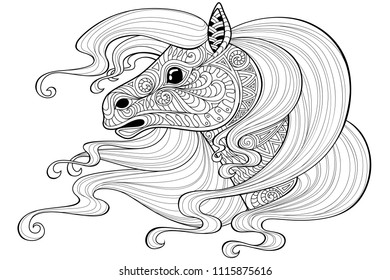 Horse with long hair.Tattoo or adult antistress coloring page. Black and white hand drawn doodle for coloring book