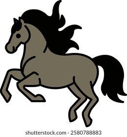 A horse with a long mane and tail is running. The horse is black and brown. The horse is running in a straight line