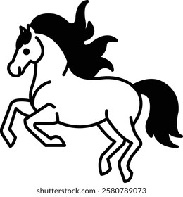 A horse with a long mane and tail is running. The horse is black and white. The horse is running in a straight line