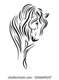 Horse looking down line art, tribal. Freehand vector illustration. Print for POD sites and coloring books.
