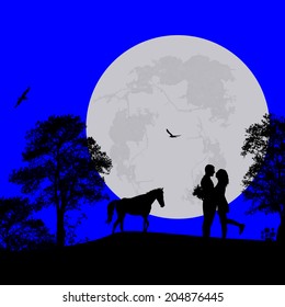 Horse and lovers at blue night on beautiful landscape, vector illustration
