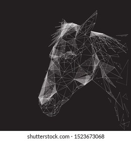 Horse low poly wireframe illustration. Polygonal hoofed animal, equine mammal, riding pet, stallion side view mesh art. 3D horse head, herbivorous beast face profile with connected dots