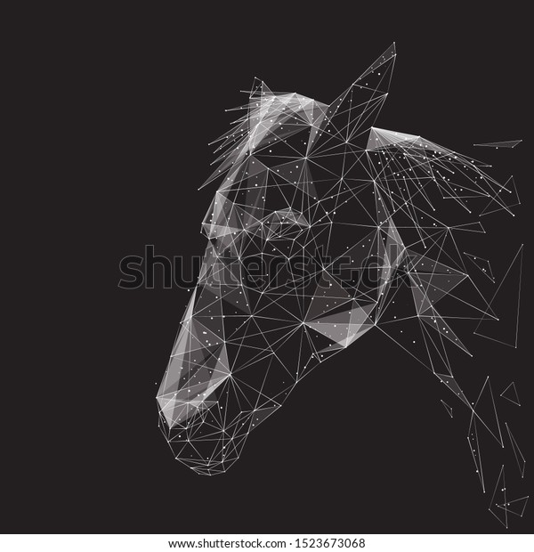 Horse\
low poly wireframe illustration. Polygonal hoofed animal, equine\
mammal, riding pet, stallion side view mesh art. 3D horse head,\
herbivorous beast face profile with connected\
dots