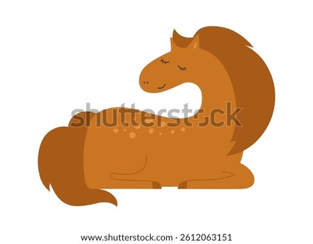 Horse lying resting cartoon vector illustration. Sleeping horse isolated. Comic purebred wild stallion. Farm flat character animal. Hand drawing design perfect for children books educational materials