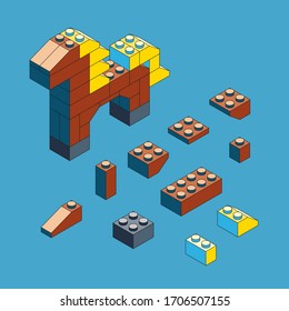 Horse made of blocks. Isometric constructor. Blocks and elements to create funny figures. Flat design.