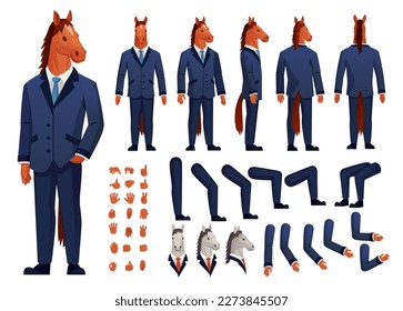 Carácter de caballo. Construcción del cuerpo de caballos antropomórficos, animal de negocios con traje humano estricto encapuchado de trabajo de oficina de dirección de tótem ingenioso ilustración vectorial