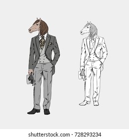 horse man dressed up in vintage victorian suit, furry art illustration, fashion animals