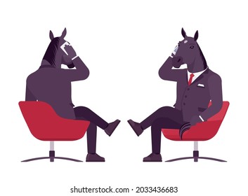 Hombre de caballo, animal macho peinado, ropa humana, hablando por teléfono. Empresario con traje estricto oscuro, empleado de oficina fuerte, ecuestre. Ilustración de dibujos animados de estilo plano vectorial, vista frontal, trasera