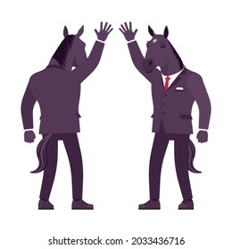 Horse man, hoofed male animal, formal human wear, wave hand. Business person in dark strict suit, strong working office employee, equestrian. Vector flat style cartoon illustration, front, rear view