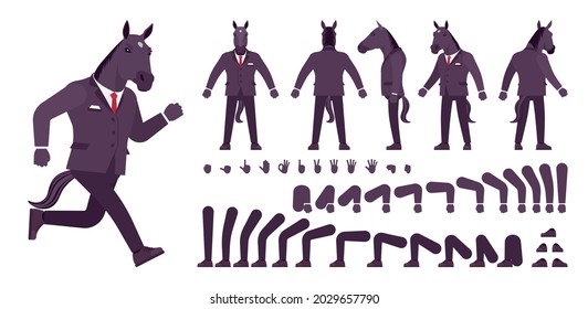 Horse man, large hoofed male animal, human wear construction set. Business person in dark strict suit, strong working office employee. Cartoon flat style infographic illustration, different gestures