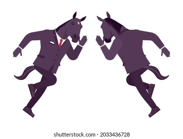 Horse man, large hoofed male animal, human wear, running fast. Business person in dark strict suit, strong working office employee, equestrian. Vector flat style cartoon illustration, front, rear view