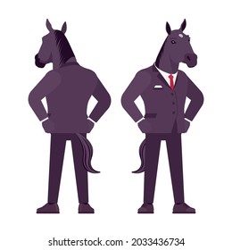 Horse man, large hoofed male animal in formal human wear. Business person in dark strict suit, strong working office employee, equestrian. Vector flat style cartoon illustration, front and rear view