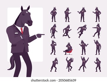 Hombre de caballo, gran animal macho con capucha, juego de personajes de ropa humana. Empresario, empresario de traje negro, trabajador de oficina. Longitud completa, diferentes puntos de vista, gestos, emociones, posición