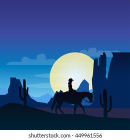 Horse man silhouette in desert landscape background