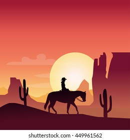 Horse man silhouette in desert landscape background