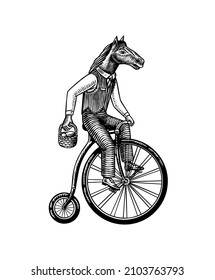 A horse man in a suit rides a bicycle. Food delivery man. Fashion animal character. Hand drawn woodcut outline sketch. Vector engraved illustration for logo and tattoo or T-shirts.