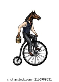 A horse man in a suit rides a bicycle. Food delivery man. Fashion animal character. Hand drawn woodcut outline sketch. Vector engraved illustration for logo and tattoo or T-shirts.