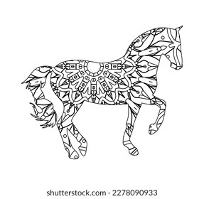 Horse mandala coloring page for kids and adult editable vector illustration.