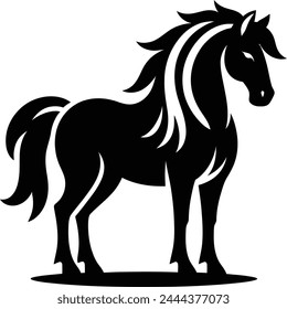 Horse with mane black and white silhouette┃wild silhouette