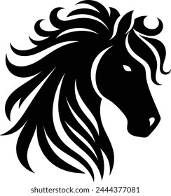 Horse with mane black and white silhouette┃wild silhouette