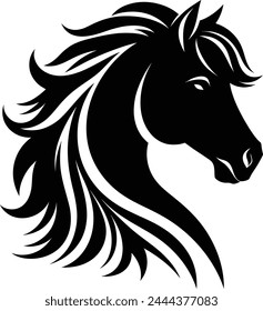 Horse with mane black and white silhouette┃wild silhouette