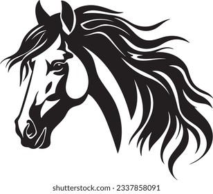 Horse with mane flowing, Basic simple Minimalist vector graphic, isolated on white background, black and white