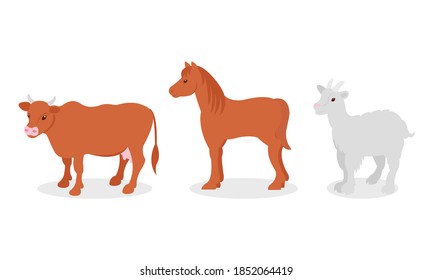 Horse with Mane and Horned Cow as Farm Animal Vector Set