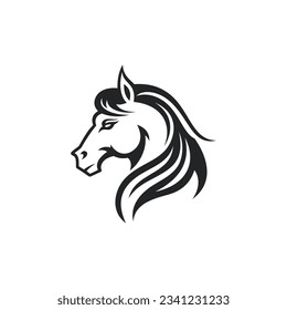 Horse with mane portrait elegant farm animal minimalist monochrome black logo vector illustration. Equine strong powerful creature head speed stallion mammal mustang muzzle side view silhouette icon