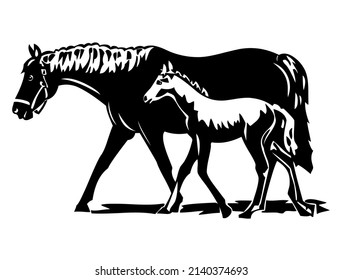 Horse, mare with a foal, domestic and wild animal, mammal, vector, illustration in black and white color, isolated on white background