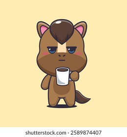 horse mascot cartoon character vector illustration is tired and sleepy holding coffee. 
design element for poster, brochure, web, mascot, sticker, logo and icon.