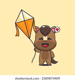 horse mascot cartoon character vector illustration playing kite.
Design element for poster, brochure, web, mascot, sticker, logo and icon.