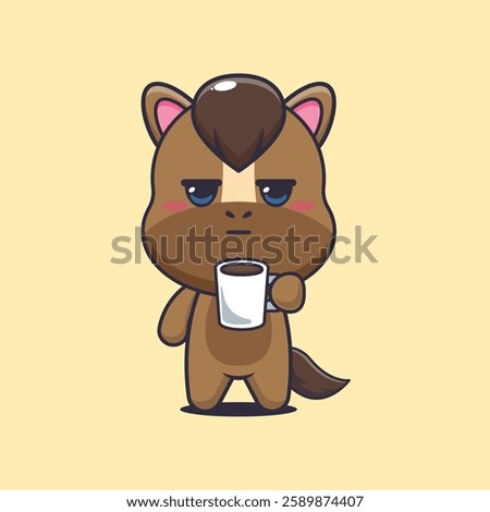 horse mascot cartoon character vector illustration is tired and sleepy holding coffee. 
design element for poster, brochure, web, mascot, sticker, logo and icon.