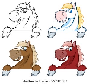 Horse Mascot Cartoon Head Over Sign. Vector Collection Set