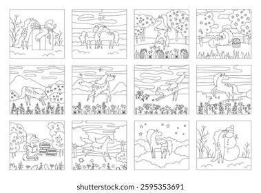 Horse in meadow cartoon coloring book for kids vector illustration. Set of 12 art pages with horses in different poses, scenes landscapes. Four seasons of nature doodle illustration pony for children