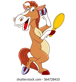 Horse with mirror. Cartoon character isolated on white background. Colorful design for kids activity book, coloring page, colouring picture. Vector illustration for children.