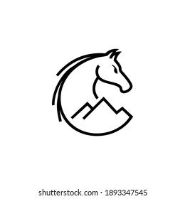 Horse With Mountain Logo Vector. Silhouette Of Horse Head And Hill Illustration. Icon For Professional Ranch Also Wild Tourism Traveling Business Company. For Web Site, Brand, Apps