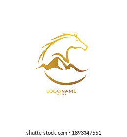 Horse with mountain logo vector. Silhouette of horse head and hill illustration. Icon for professional ranch also wild tourism traveling business company. For web site, brand, apps