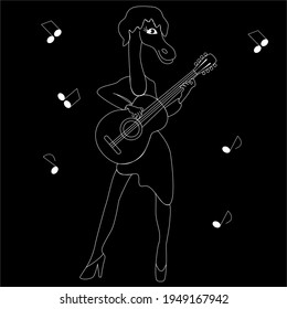 Horse musician plays the guitar. Black and white vector illustration.